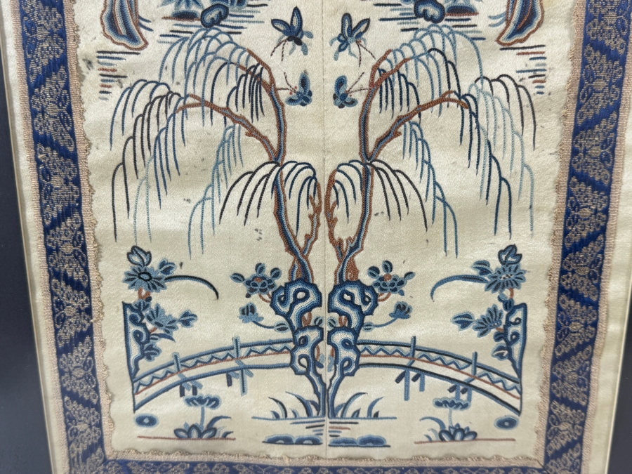 Late Qing Dynasty Symmetrical Cream Silk Embroidery Sleeve Band Robe Panel Depicting Court Ladies In A Garden Pavilion 9W X 21H Black Framed 14W X 26.5H [Photo 4]