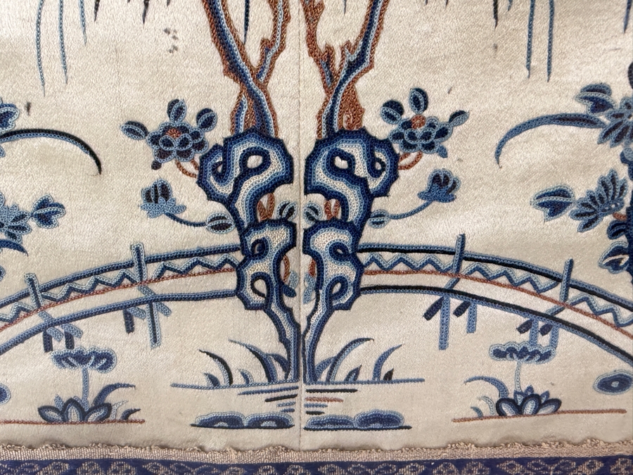 Late Qing Dynasty Symmetrical Cream Silk Embroidery Sleeve Band Robe Panel Depicting Court Ladies In A Garden Pavilion 9W X 21H Black Framed 14W X 26.5H [Photo 5]