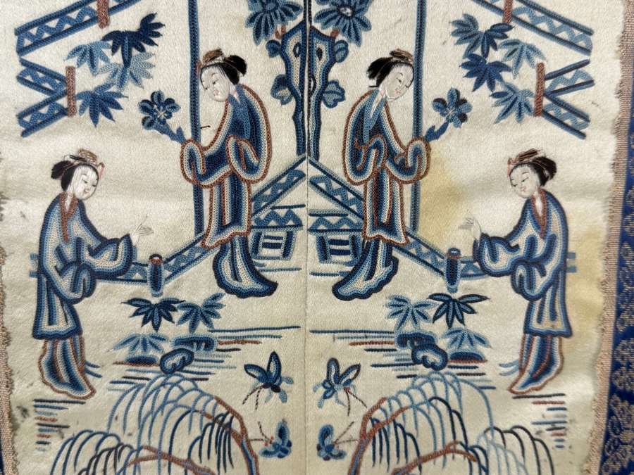 Late Qing Dynasty Symmetrical Cream Silk Embroidery Sleeve Band Robe Panel Depicting Court Ladies In A Garden Pavilion 9W X 21H Black Framed 14W X 26.5H [Photo 3]