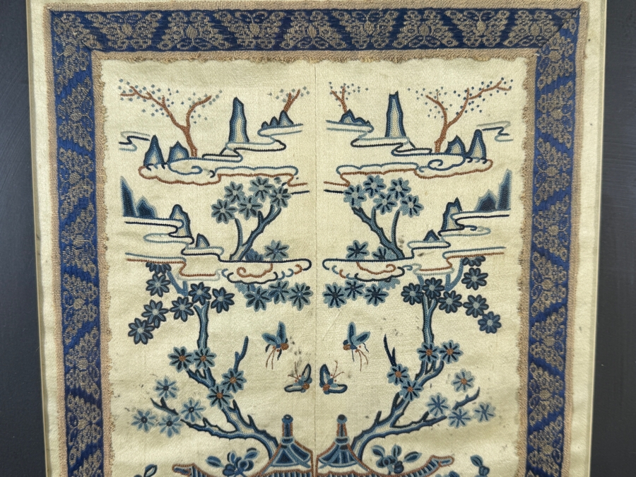 Late Qing Dynasty Symmetrical Cream Silk Embroidery Sleeve Band Robe Panel Depicting Court Ladies In A Garden Pavilion 9W X 21H Black Framed 14W X 26.5H [Photo 6]