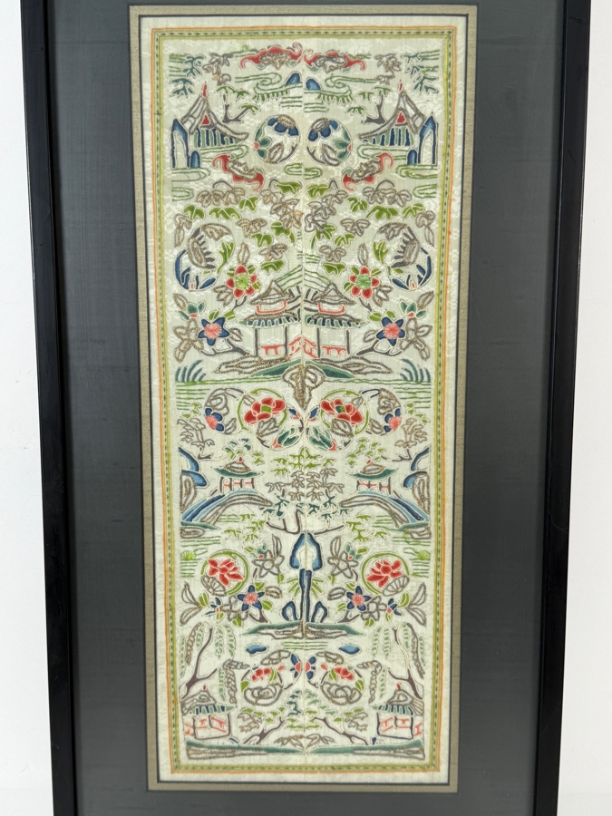 Late Qing Dynasty Symmetrical Cream Silk Embroidery Sleeve Band Robe Panel Depicting Landscapes Pagodas And Bridges 8W X 20H Black Framed 13.5W X 25.5H