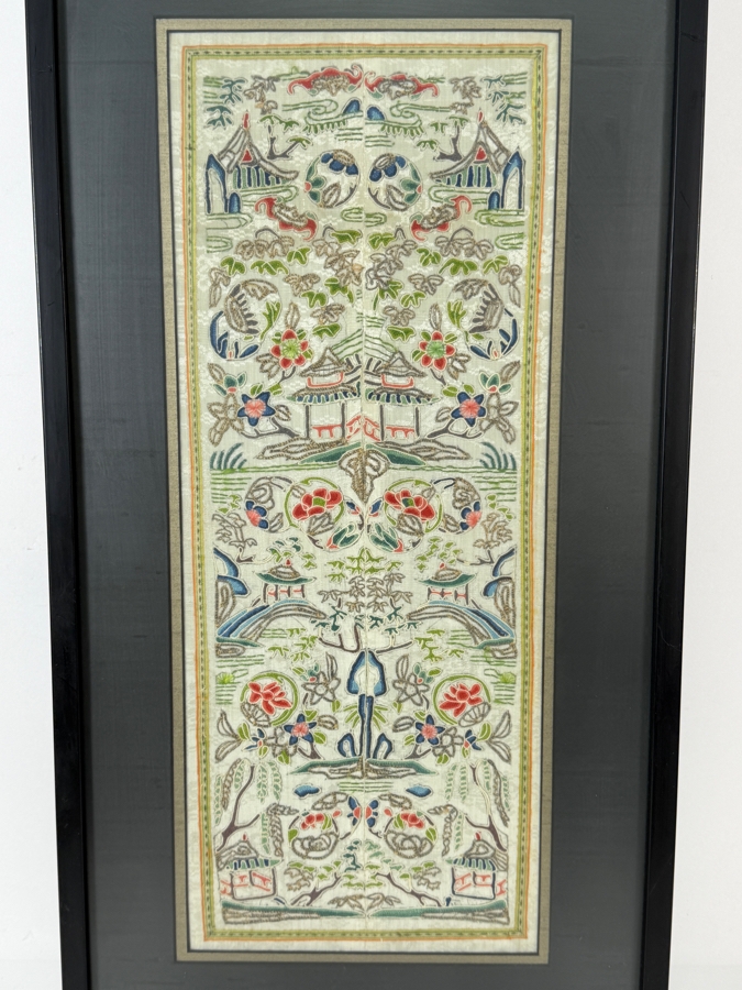 Late Qing Dynasty Symmetrical Cream Silk Embroidery Sleeve Band Robe Panel Depicting Landscapes Pagodas And Bridges 8W X 20H Black Framed 13.5W X 25.5H [Photo 3]
