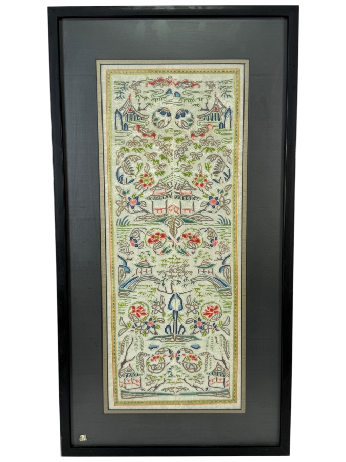 Late Qing Dynasty Symmetrical Cream Silk Embroidery Sleeve Band Robe Panel Depicting Landscapes Pagodas And Bridges 8W X 20H Black Framed 13.5W X 25.5H [Photo 2]
