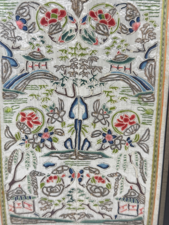 Late Qing Dynasty Symmetrical Cream Silk Embroidery Sleeve Band Robe Panel Depicting Landscapes Pagodas And Bridges 8W X 20H Black Framed 13.5W X 25.5H [Photo 4]
