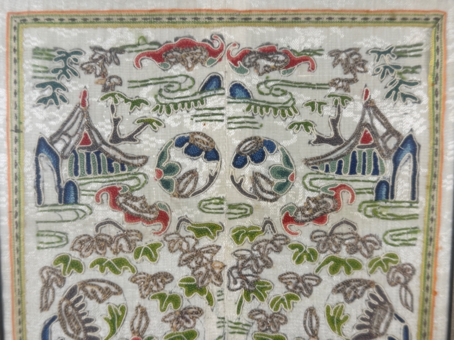 Late Qing Dynasty Symmetrical Cream Silk Embroidery Sleeve Band Robe Panel Depicting Landscapes Pagodas And Bridges 8W X 20H Black Framed 13.5W X 25.5H [Photo 6]