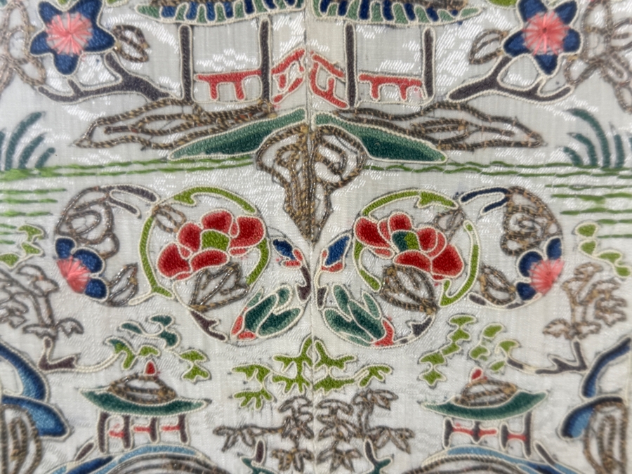 Late Qing Dynasty Symmetrical Cream Silk Embroidery Sleeve Band Robe Panel Depicting Landscapes Pagodas And Bridges 8W X 20H Black Framed 13.5W X 25.5H [Photo 5]