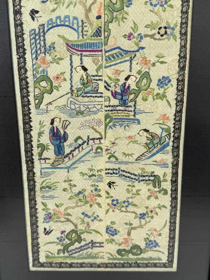 Late Qing Dynasty Symmetrical Cream Silk Embroidery Sleeve Band Robe Panel Depicting Figures In A Garden Pavilion 8W X 21H Black Framed 13W X 25.5H [Photo 3]