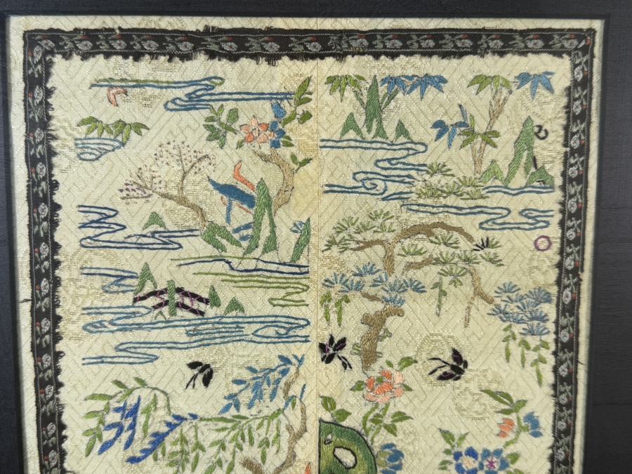 Late Qing Dynasty Symmetrical Cream Silk Embroidery Sleeve Band Robe Panel Depicting Figures In A Garden Pavilion 8W X 21H Black Framed 13W X 25.5H [Photo 5]