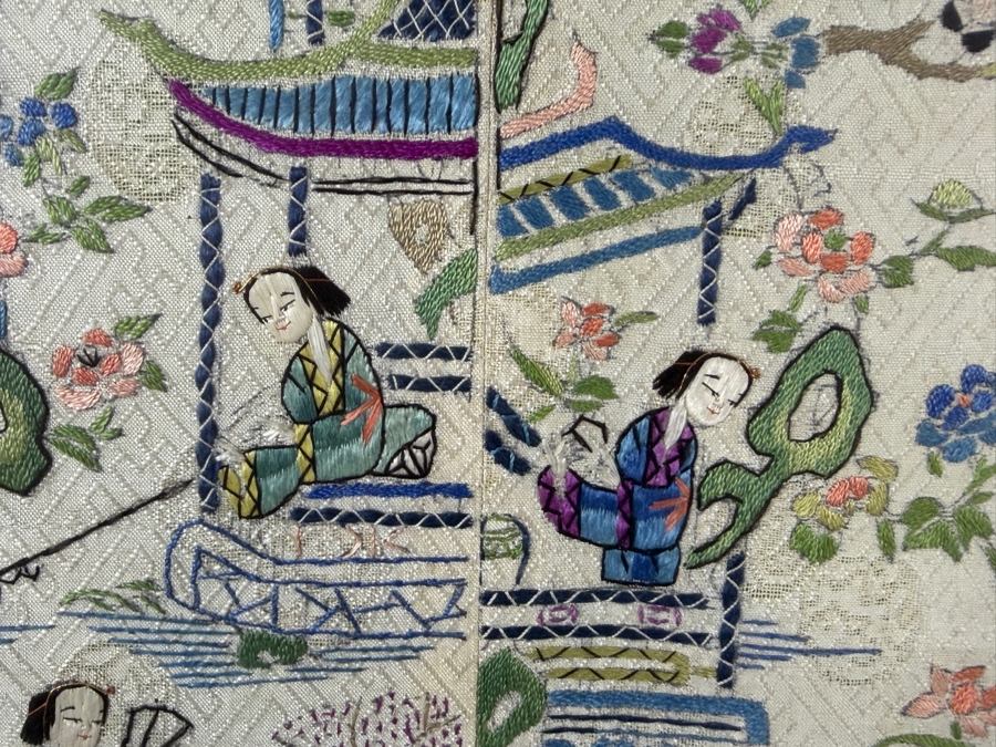 Late Qing Dynasty Symmetrical Cream Silk Embroidery Sleeve Band Robe Panel Depicting Figures In A Garden Pavilion 8W X 21H Black Framed 13W X 25.5H [Photo 4]