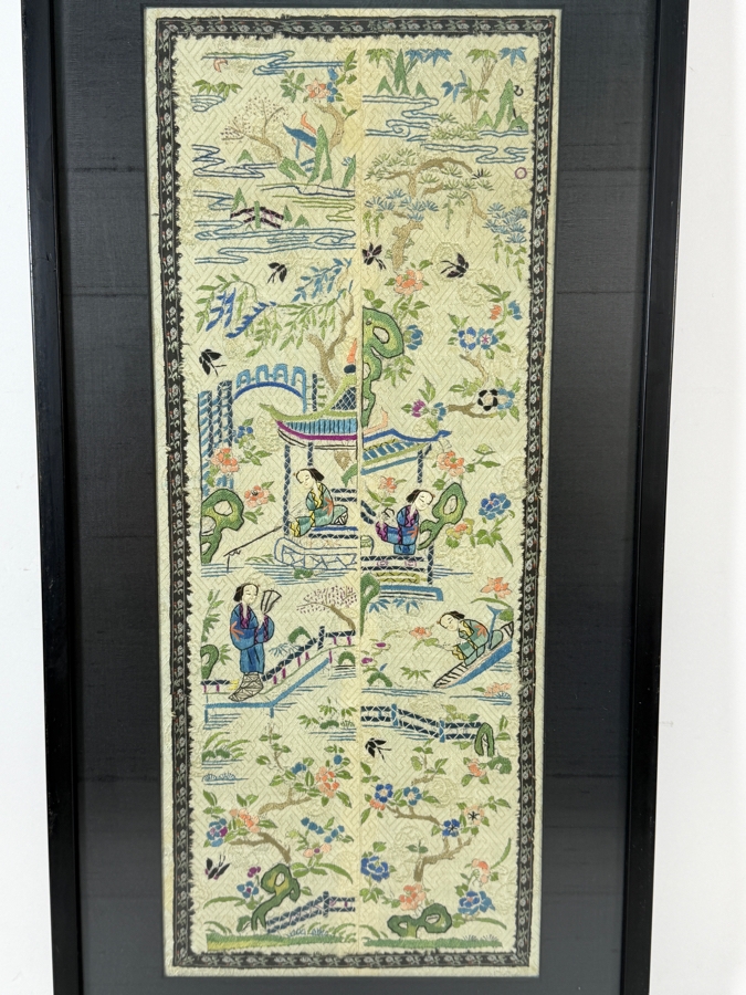 Late Qing Dynasty Symmetrical Cream Silk Embroidery Sleeve Band Robe Panel Depicting Figures In A Garden Pavilion 8W X 21H Black Framed 13W X 25.5H