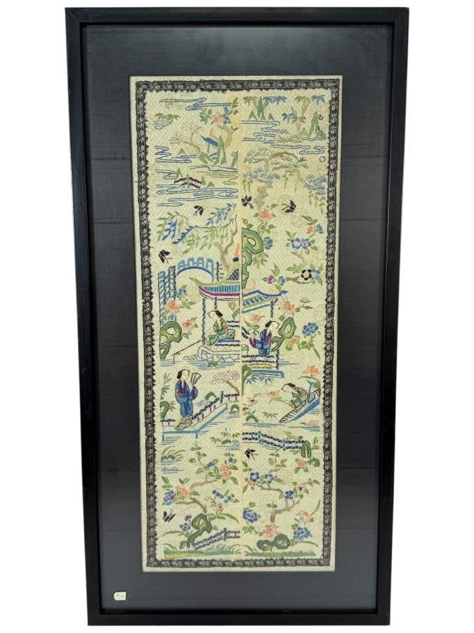 Late Qing Dynasty Symmetrical Cream Silk Embroidery Sleeve Band Robe Panel Depicting Figures In A Garden Pavilion 8W X 21H Black Framed 13W X 25.5H [Photo 2]