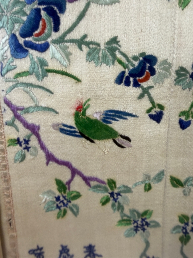 Late Qing Dynasty Symmetrical Cream Silk Embroidery Sleeve Band Robe Panel Featuring Birds Blossoms And Classical Tang Dynasty Poetic Inscriptions 7.5W X 20H Black Framed 14.5W X 26.5H [Photo 4]