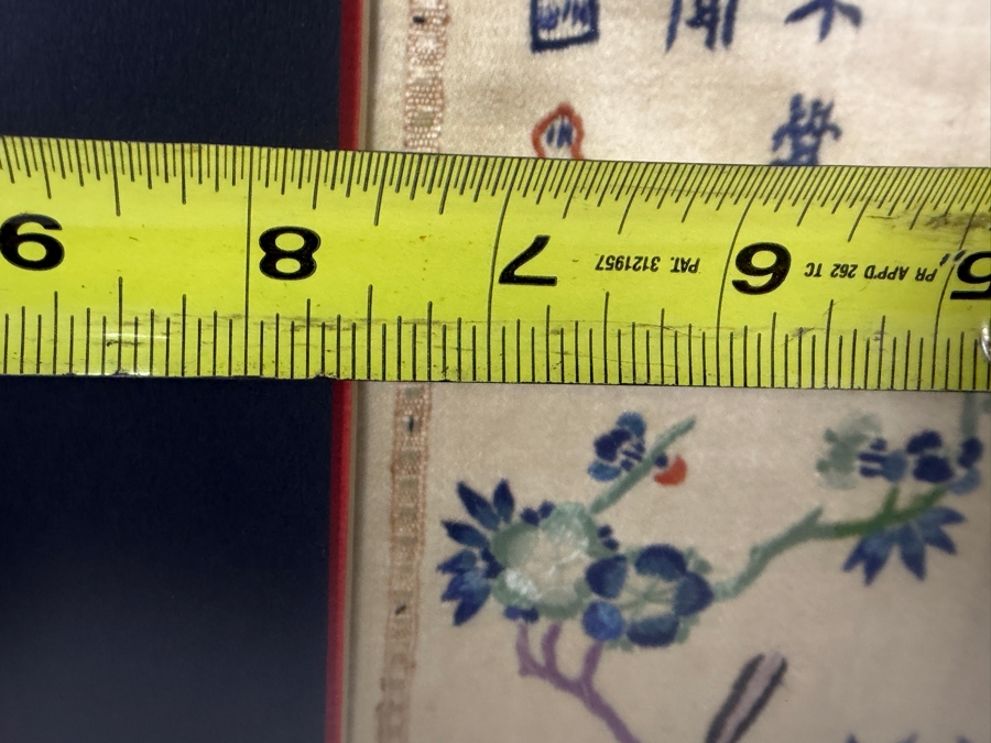 Late Qing Dynasty Symmetrical Cream Silk Embroidery Sleeve Band Robe Panel Featuring Birds Blossoms And Classical Tang Dynasty Poetic Inscriptions 7.5W X 20H Black Framed 14.5W X 26.5H [Photo 8]