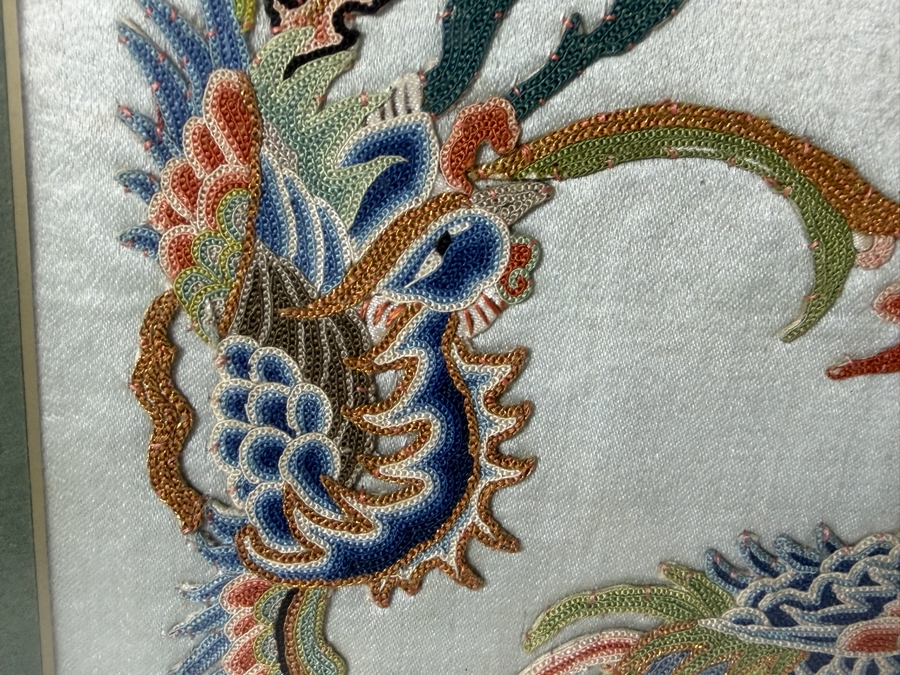 Late Qing Dynasty Chinese Embroidered Mint Green Silk Panel Featuring Phoenix Birds And Blooming Peonies 8W X 17H Gilt Framed 17.5W X 28.5H [Photo 4]