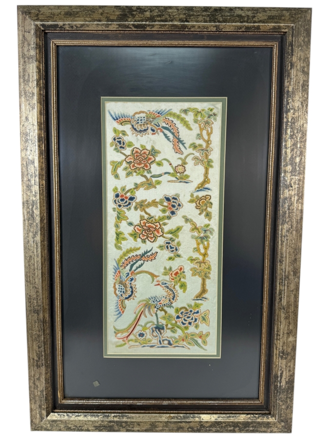 Late Qing Dynasty Chinese Embroidered Mint Green Silk Panel Featuring Phoenix Birds And Blooming Peonies 8W X 17H Gilt Framed 17.5W X 28.5H [Photo 2]