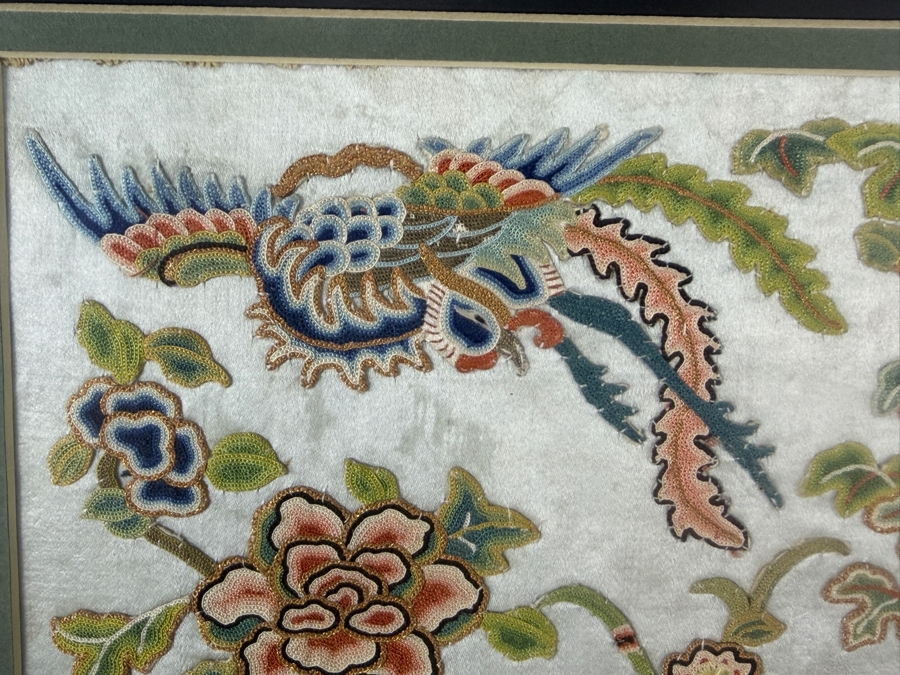 Late Qing Dynasty Chinese Embroidered Mint Green Silk Panel Featuring Phoenix Birds And Blooming Peonies 8W X 17H Gilt Framed 17.5W X 28.5H [Photo 5]