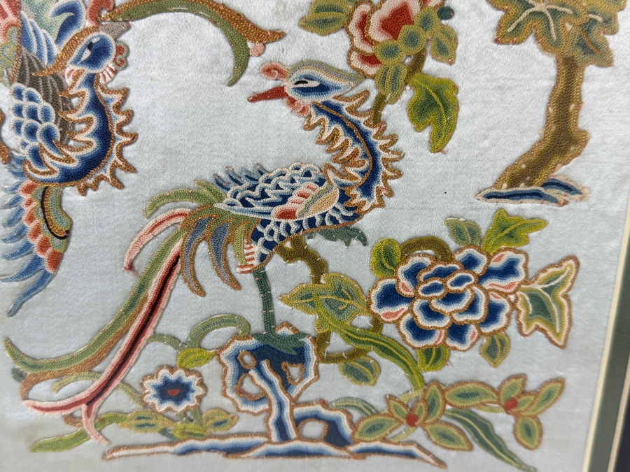 Late Qing Dynasty Chinese Embroidered Mint Green Silk Panel Featuring Phoenix Birds And Blooming Peonies 8W X 17H Gilt Framed 17.5W X 28.5H [Photo 3]