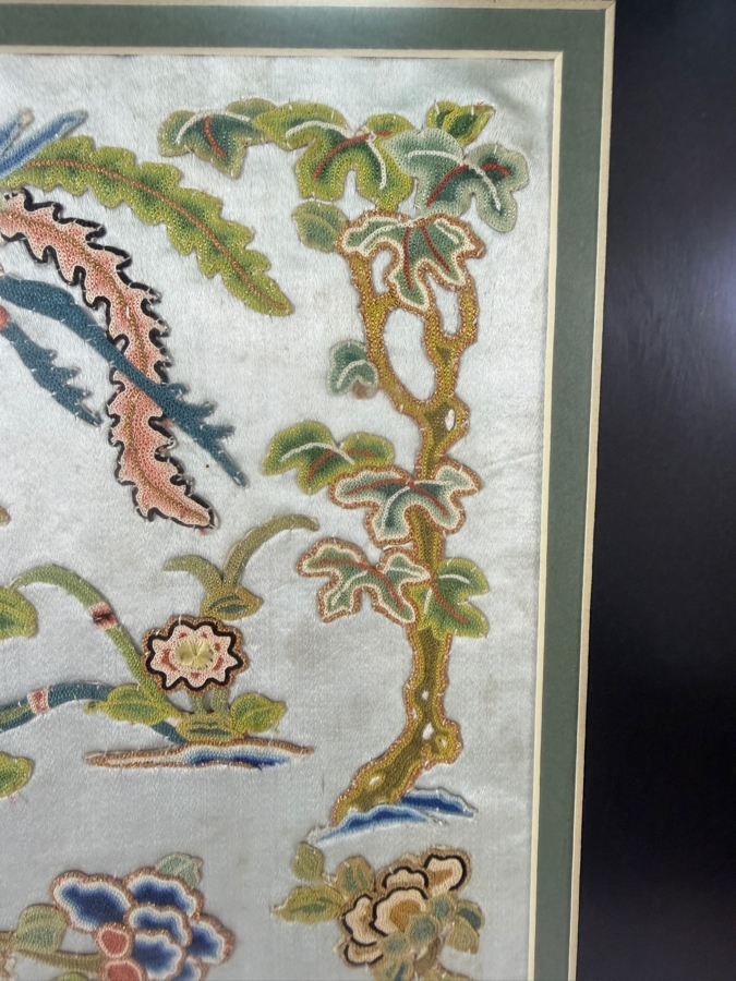 Late Qing Dynasty Chinese Embroidered Mint Green Silk Panel Featuring Phoenix Birds And Blooming Peonies 8W X 17H Gilt Framed 17.5W X 28.5H [Photo 6]