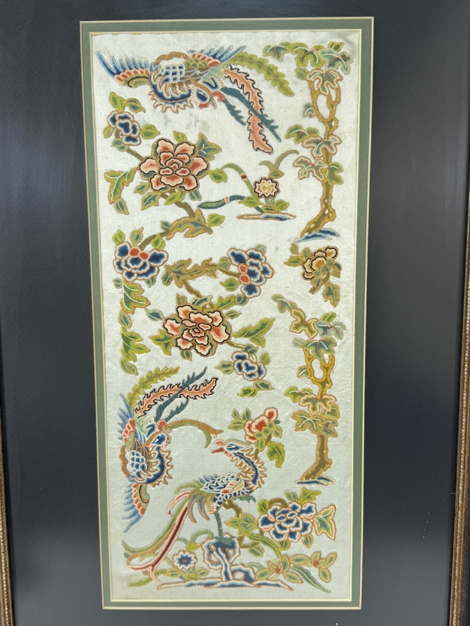 Late Qing Dynasty Chinese Embroidered Mint Green Silk Panel Featuring Phoenix Birds And Blooming Peonies 8W X 17H Gilt Framed 17.5W X 28.5H