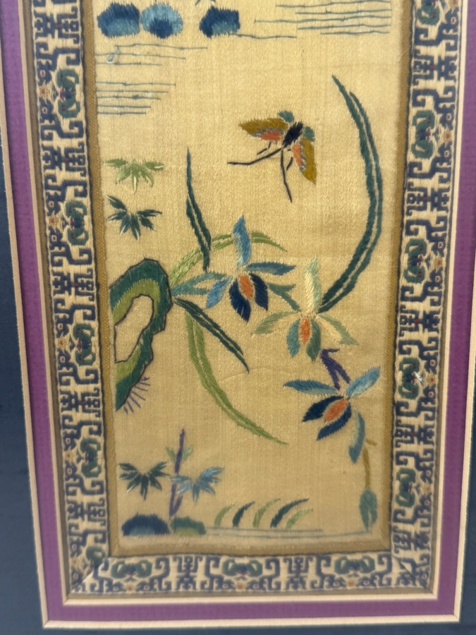 Late Qing Dynasty Chinese Embroidered Cream Silk Robe Band Panel Featuring Birds Butterflies And Bamboo 5W X 21H Gilt Framed 12W X 27H [Photo 3]