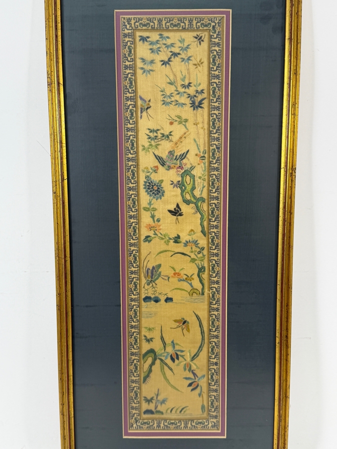 Late Qing Dynasty Chinese Embroidered Cream Silk Robe Band Panel Featuring Birds Butterflies And Bamboo 5W X 21H Gilt Framed 12W X 27H
