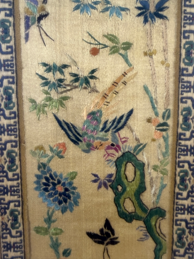 Late Qing Dynasty Chinese Embroidered Cream Silk Robe Band Panel Featuring Birds Butterflies And Bamboo 5W X 21H Gilt Framed 12W X 27H [Photo 5]