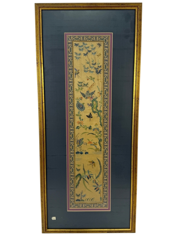 Late Qing Dynasty Chinese Embroidered Cream Silk Robe Band Panel Featuring Birds Butterflies And Bamboo 5W X 21H Gilt Framed 12W X 27H [Photo 2]