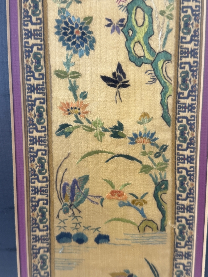 Late Qing Dynasty Chinese Embroidered Cream Silk Robe Band Panel Featuring Birds Butterflies And Bamboo 5W X 21H Gilt Framed 12W X 27H [Photo 4]