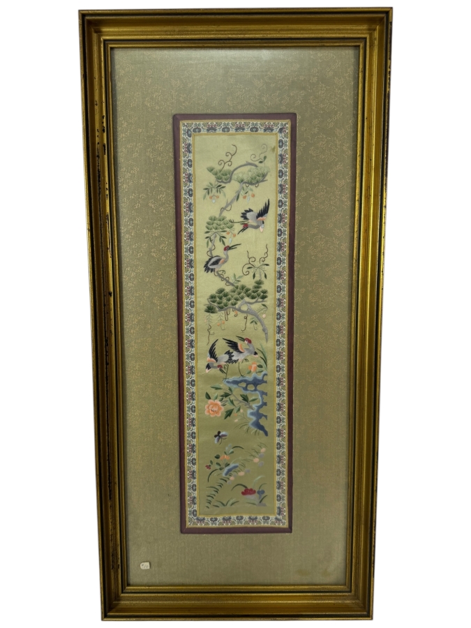 Late Qing Dynasty Chinese Embroidered Celadon Silk Robe Band Panel Featuring Cranes Pine Trees And Peonies 5.5W X 20H Gilt Framed 14.5W X 29.5H [Photo 2]