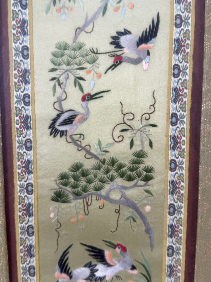 Late Qing Dynasty Chinese Embroidered Celadon Silk Robe Band Panel Featuring Cranes Pine Trees And Peonies 5.5W X 20H Gilt Framed 14.5W X 29.5H [Photo 4]