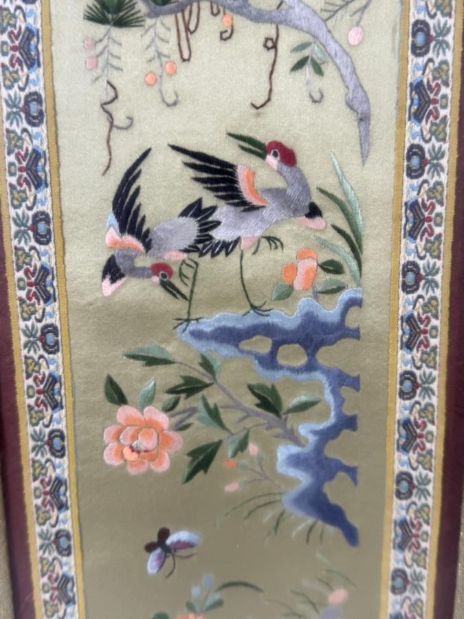 Late Qing Dynasty Chinese Embroidered Celadon Silk Robe Band Panel Featuring Cranes Pine Trees And Peonies 5.5W X 20H Gilt Framed 14.5W X 29.5H [Photo 3]