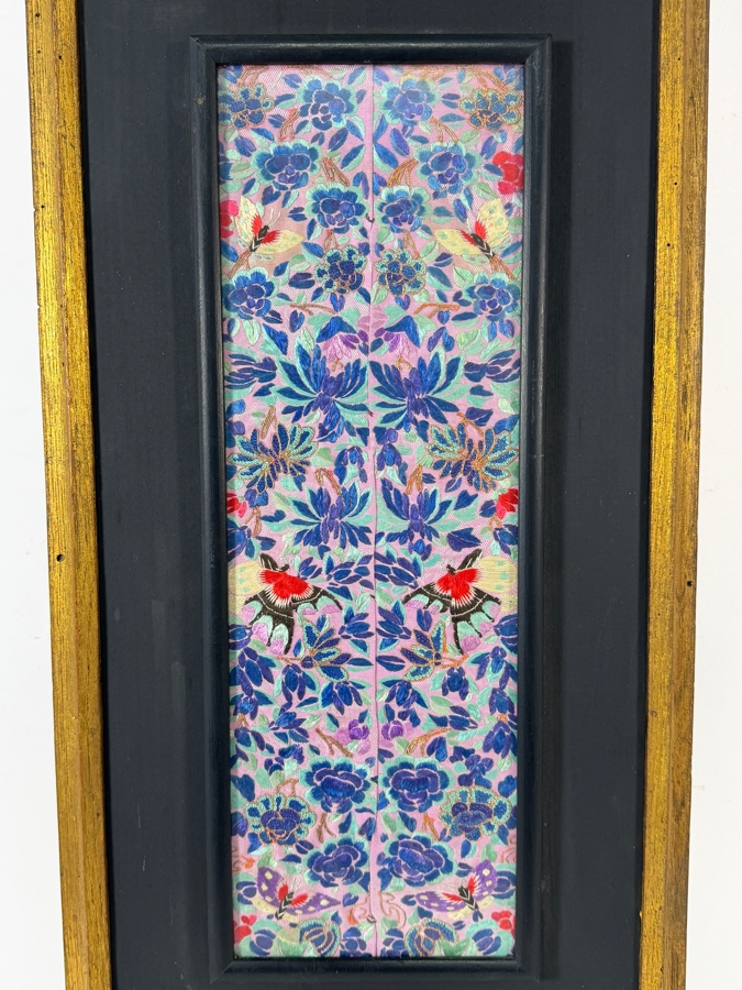 Late Qing Dynasty Symmetrical Lavender Silk Embroidery Panel Featuring Butterflies And Dense Chrysanthemums 6.5W X 18H Gilt Framed 12.5W X 28.5H