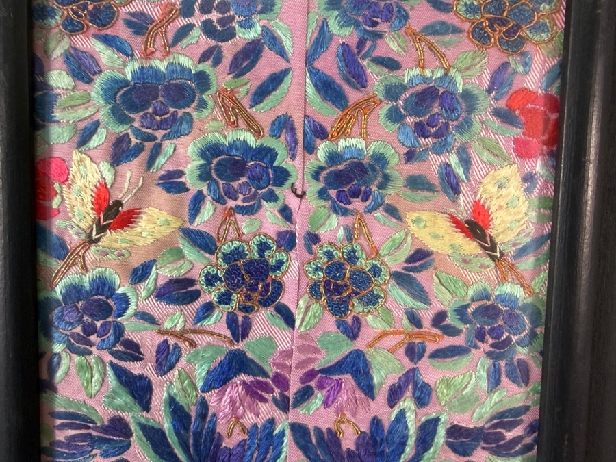 Late Qing Dynasty Symmetrical Lavender Silk Embroidery Panel Featuring Butterflies And Dense Chrysanthemums 6.5W X 18H Gilt Framed 12.5W X 28.5H [Photo 6]