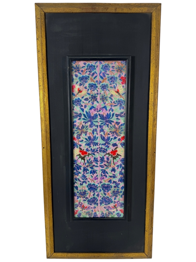 Late Qing Dynasty Symmetrical Lavender Silk Embroidery Panel Featuring Butterflies And Dense Chrysanthemums 6.5W X 18H Gilt Framed 12.5W X 28.5H [Photo 2]