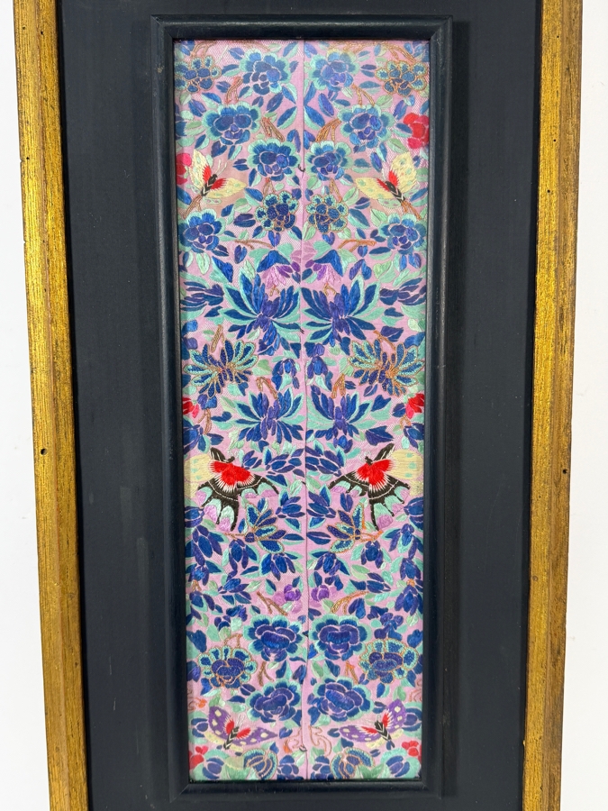 Late Qing Dynasty Symmetrical Lavender Silk Embroidery Panel Featuring Butterflies And Dense Chrysanthemums 6.5W X 18H Gilt Framed 12.5W X 28.5H [Photo 3]