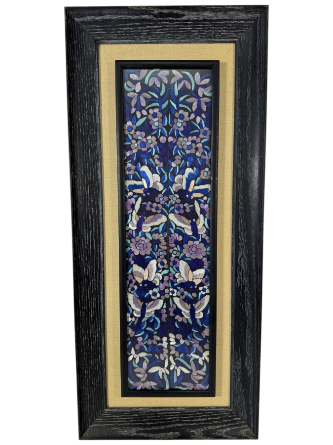Late Qing Dynasty Symmetrical Dark Blue Silk Embroidery Panel Featuring Butterflies And Floral Vines 7W X 23H Ebonized Framed 12.5W X 29.5H [Photo 2]