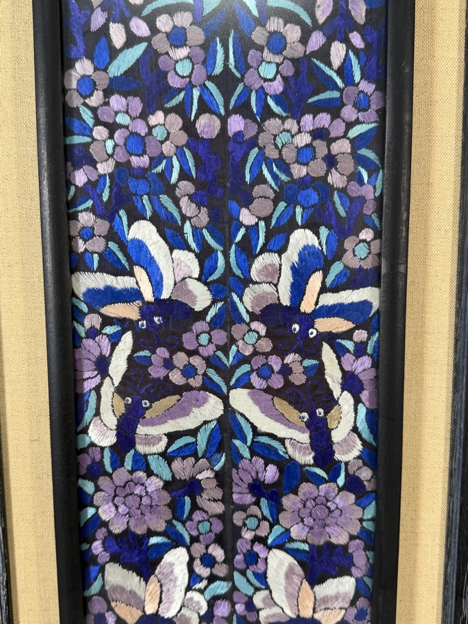 Late Qing Dynasty Symmetrical Dark Blue Silk Embroidery Panel Featuring Butterflies And Floral Vines 7W X 23H Ebonized Framed 12.5W X 29.5H [Photo 5]