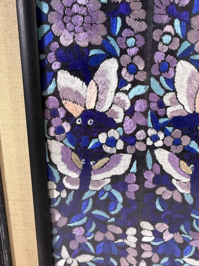 Late Qing Dynasty Symmetrical Dark Blue Silk Embroidery Panel Featuring Butterflies And Floral Vines 7W X 23H Ebonized Framed 12.5W X 29.5H [Photo 4]