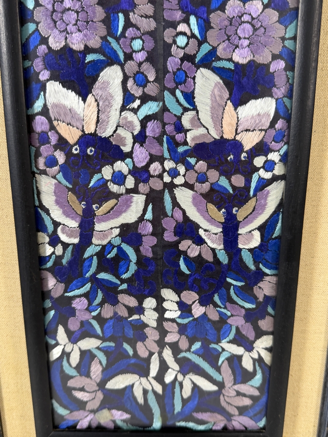 Late Qing Dynasty Symmetrical Dark Blue Silk Embroidery Panel Featuring Butterflies And Floral Vines 7W X 23H Ebonized Framed 12.5W X 29.5H [Photo 3]