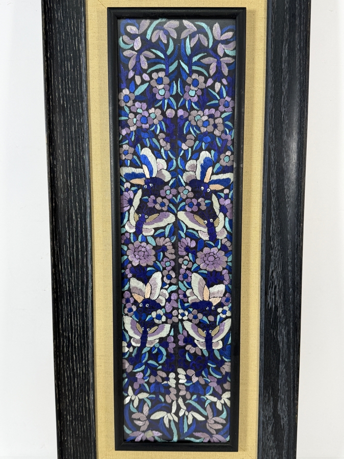 Late Qing Dynasty Symmetrical Dark Blue Silk Embroidery Panel Featuring Butterflies And Floral Vines 7W X 23H Ebonized Framed 12.5W X 29.5H