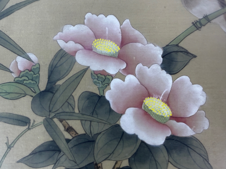 Yibo Chinese Style Painting Depicting Sparrow Perched On Camellia Branch 8.5W X 7H In Gilt Inset Wood Frame 13.5W X 14H [Photo 3]