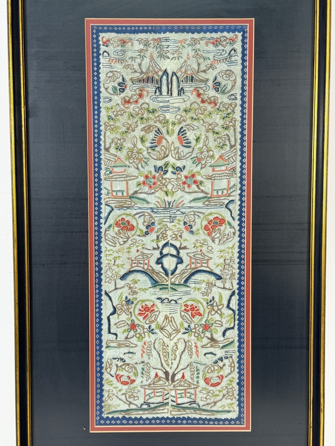Late Qing Dynasty Symmetrical Cream Silk Embroidery Panel Depicting Landscapes Pagodas And Arched Bridges 8W X 20H Gilt Accent Framed 14.5W X 27.5H [Photo 3]