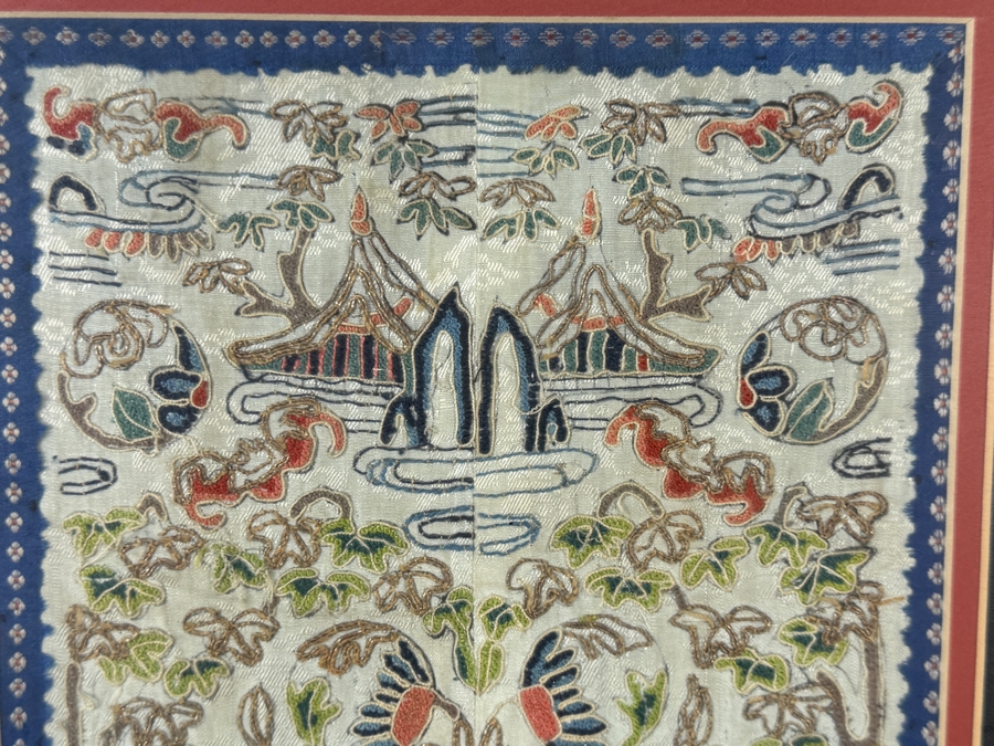 Late Qing Dynasty Symmetrical Cream Silk Embroidery Panel Depicting Landscapes Pagodas And Arched Bridges 8W X 20H Gilt Accent Framed 14.5W X 27.5H [Photo 7]