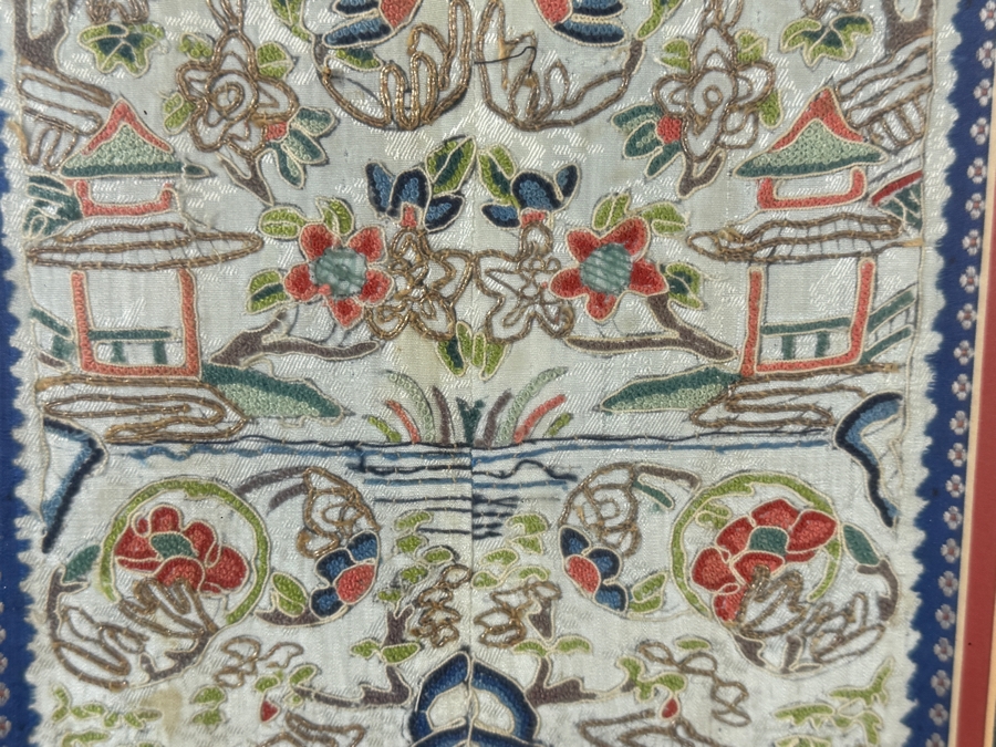 Late Qing Dynasty Symmetrical Cream Silk Embroidery Panel Depicting Landscapes Pagodas And Arched Bridges 8W X 20H Gilt Accent Framed 14.5W X 27.5H [Photo 6]