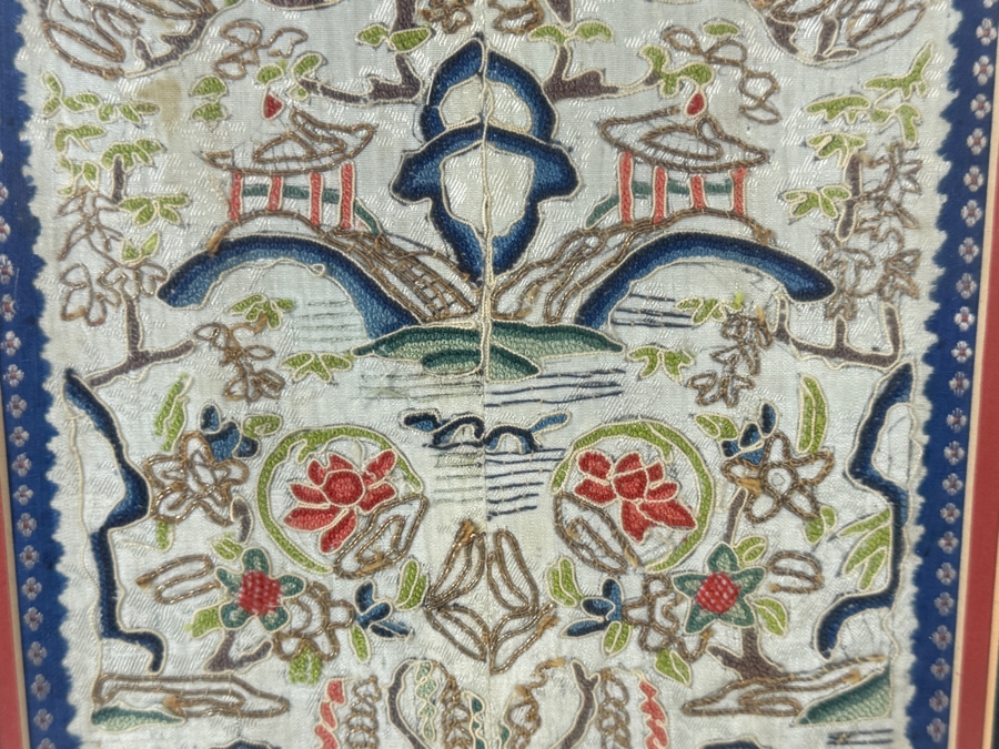 Late Qing Dynasty Symmetrical Cream Silk Embroidery Panel Depicting Landscapes Pagodas And Arched Bridges 8W X 20H Gilt Accent Framed 14.5W X 27.5H [Photo 5]
