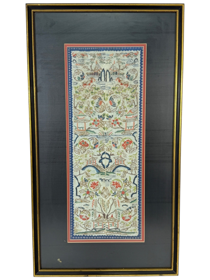 Late Qing Dynasty Symmetrical Cream Silk Embroidery Panel Depicting Landscapes Pagodas And Arched Bridges 8W X 20H Gilt Accent Framed 14.5W X 27.5H [Photo 2]