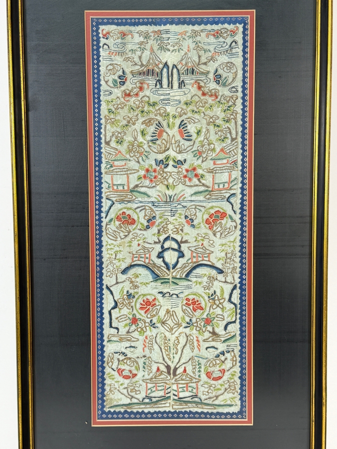 Late Qing Dynasty Symmetrical Cream Silk Embroidery Panel Depicting Landscapes Pagodas And Arched Bridges 8W X 20H Gilt Accent Framed 14.5W X 27.5H
