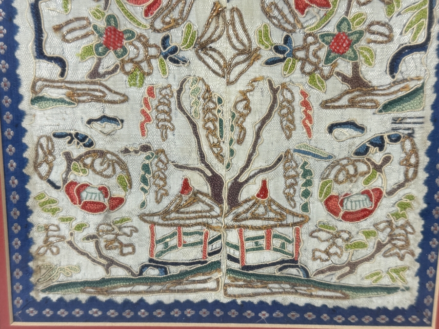 Late Qing Dynasty Symmetrical Cream Silk Embroidery Panel Depicting Landscapes Pagodas And Arched Bridges 8W X 20H Gilt Accent Framed 14.5W X 27.5H [Photo 4]