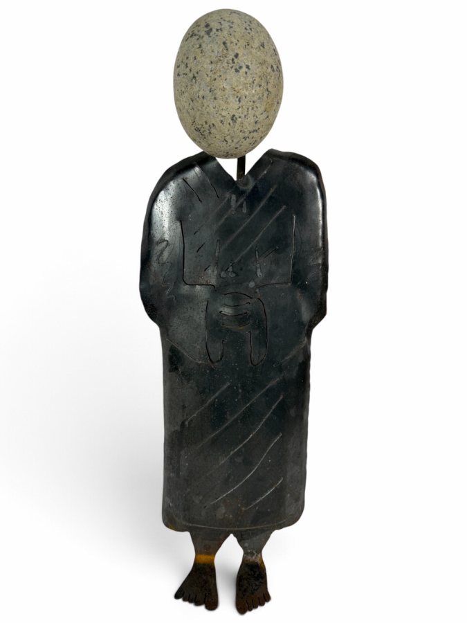 Contemporary Cut Sheet Metal Mixed Media Figural Sculpture With Natural Granite Stone Head 23.5H