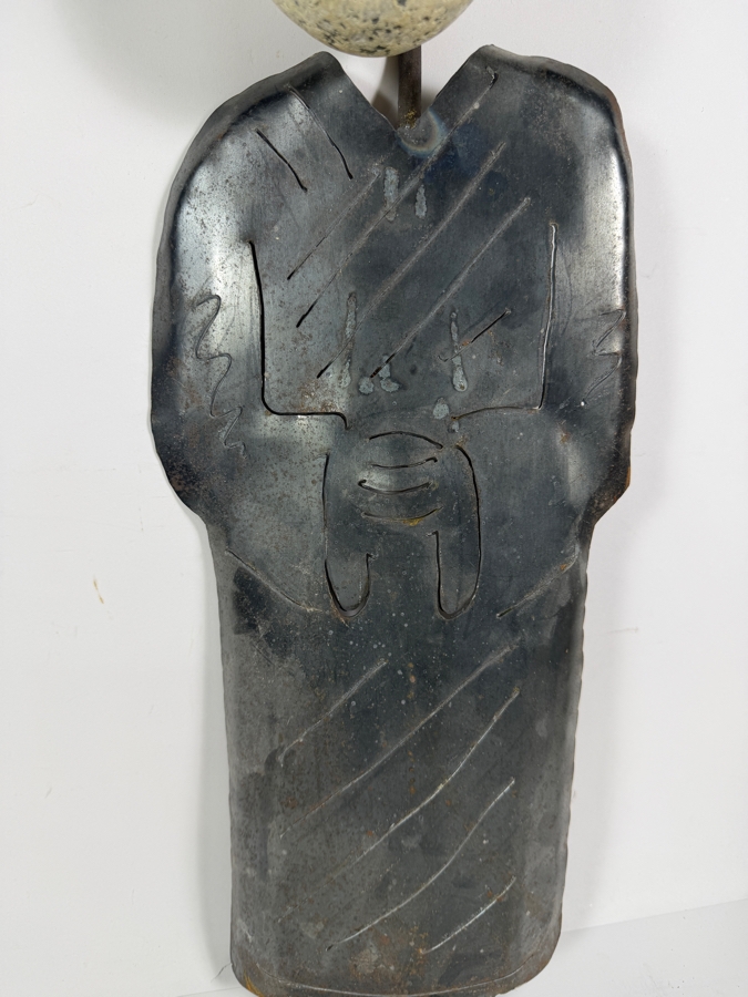 Contemporary Cut Sheet Metal Mixed Media Figural Sculpture With Natural Granite Stone Head 23.5H [Photo 4]